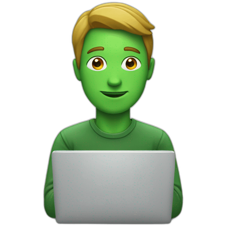 man, with a laptop, green stone logo on the laptop emoji