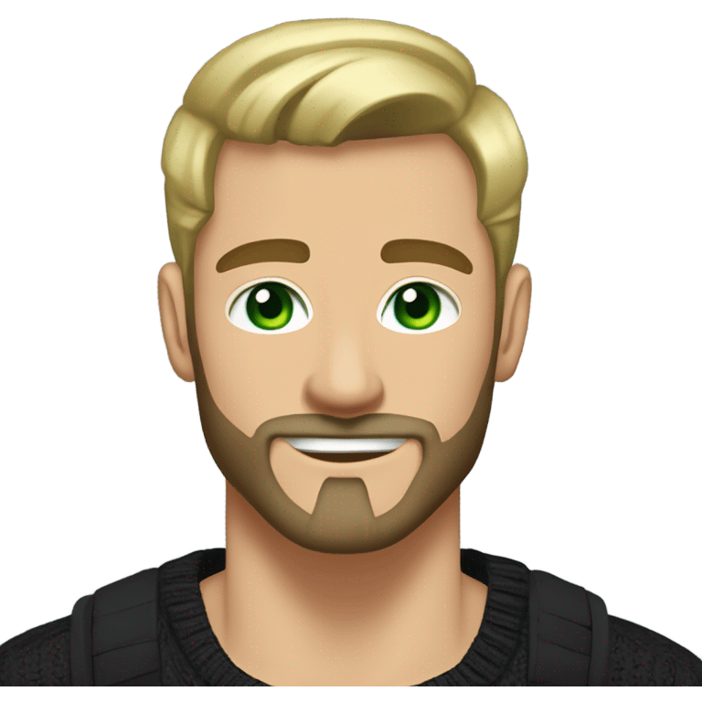 Muscular tall man with green eyes withour beard and mustache dirty blonde short straight hair brushed back, wearing a black sweater in a casual style, loves old-money aesthetic emoji