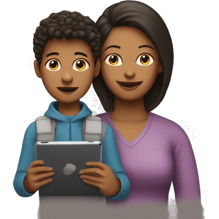 young student with iPad and his mother emoji