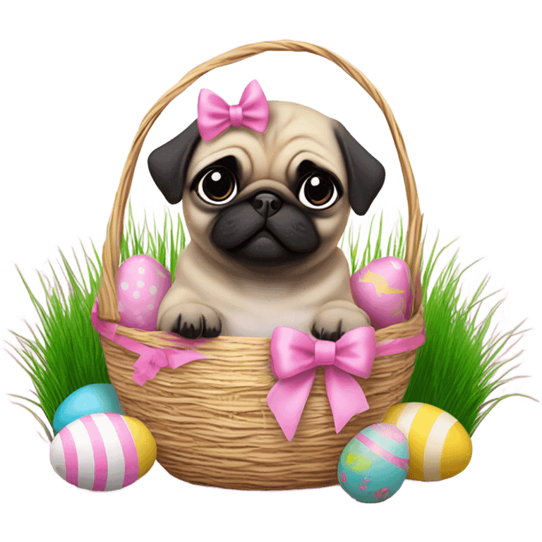  Baby pug with big pink
eyes wearing a pink bow sitting in an Easter basket  emoji