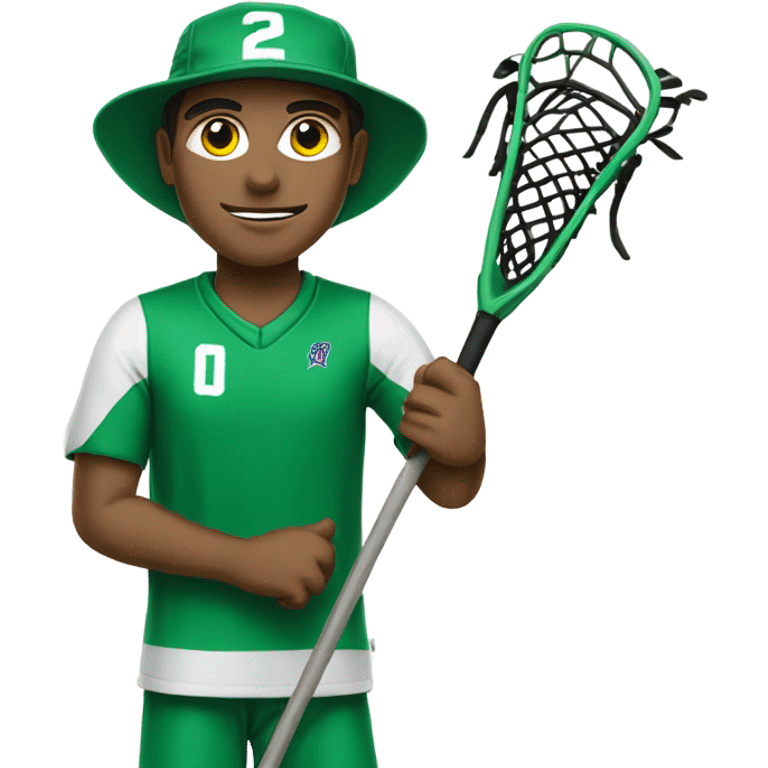 No glasses and mountain in Jersey coach with Green and white clothing hat with  lacrosse coach with stick  emoji