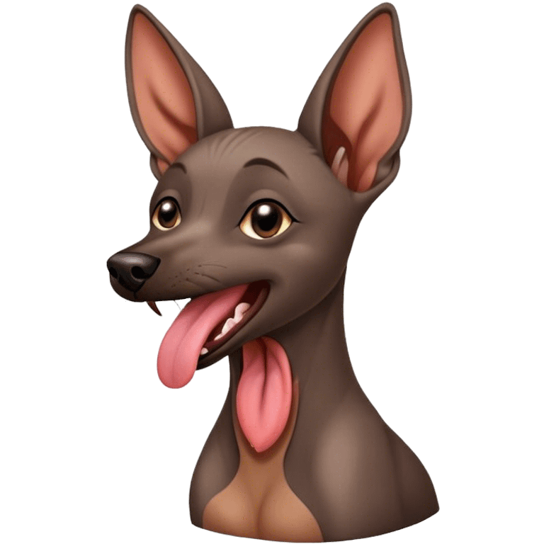 Cinematic Cute Yawning Xoloitzcuintle dog Portrait Emoji, Head tilted slightly with a dramatic, wide-open yawn, showcasing smooth, hairless ebony skin with gently relaxed wrinkles and floppy ears slightly drooping, round dark eyes barely open in drowsy contentment, Simplified yet irresistibly adorable features, highly detailed, glowing with a soft, cozy glow, high shine, relaxed yet expressive, stylized with a touch of whimsy, bright and endearing, soft glowing outline, capturing the essence of a sleepy yet affectionate guardian, so drowsy it feels like it could stretch out of the screen and curl up for a nap! emoji