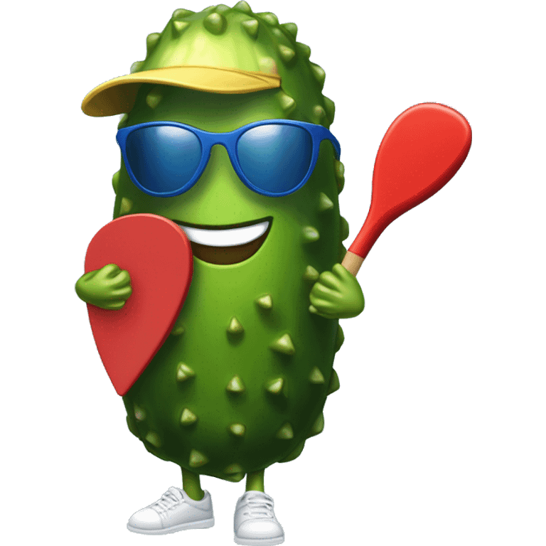 pickle with legs, wearing a jersey, mouth smiling, wearing cap, holding a solid red paddle ball racket, blue backgound, wearing sunglasses emoji