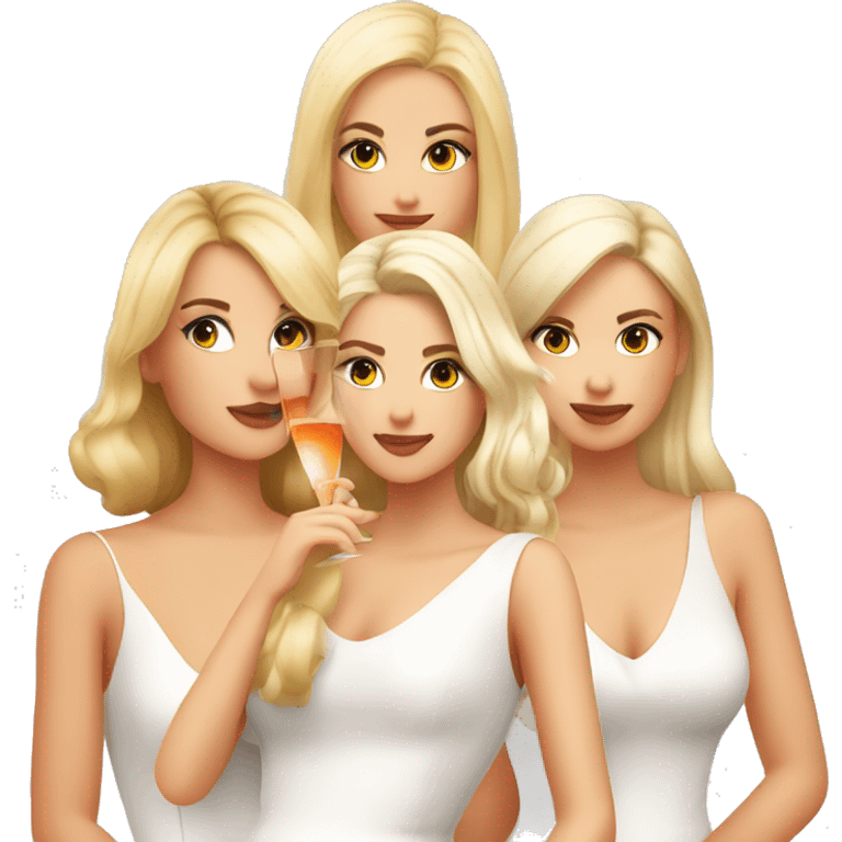 Four beautiful white european girls, one with blond hair and two dark blond hair in dresses drinking aperol emoji