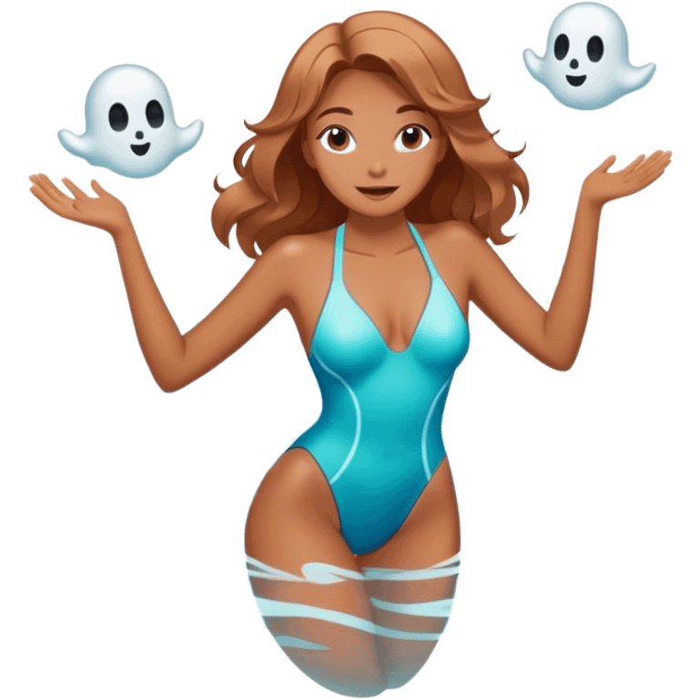 Glamorous wizard woman in a swimsuit, floating in a magical pool with a playful ghost. emoji