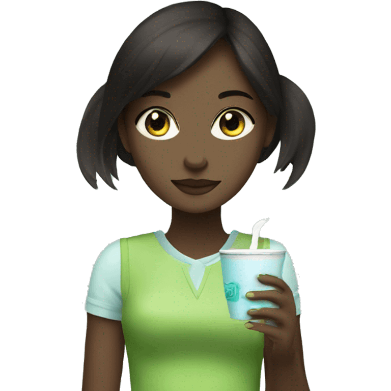 dark brunette girl with bright blue eyes drinking a light green matcha tea emoji