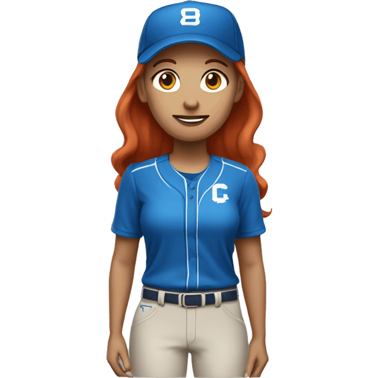 white female coach standing up with red hair in blue shirt and with a simple colored blue baseball hat emoji