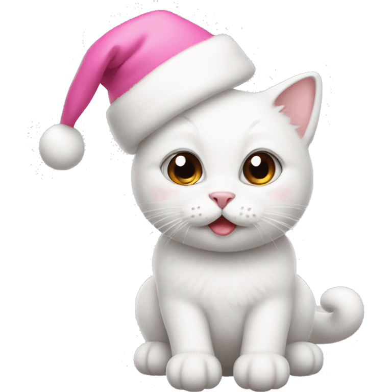 a cute white cat with a pink christmas hat emoji