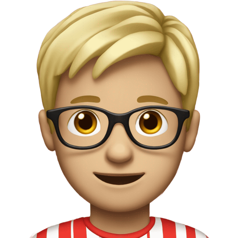 A dirty blonde hair boy with glasses, and red and white striped shirt, and red and white striped hat.  emoji