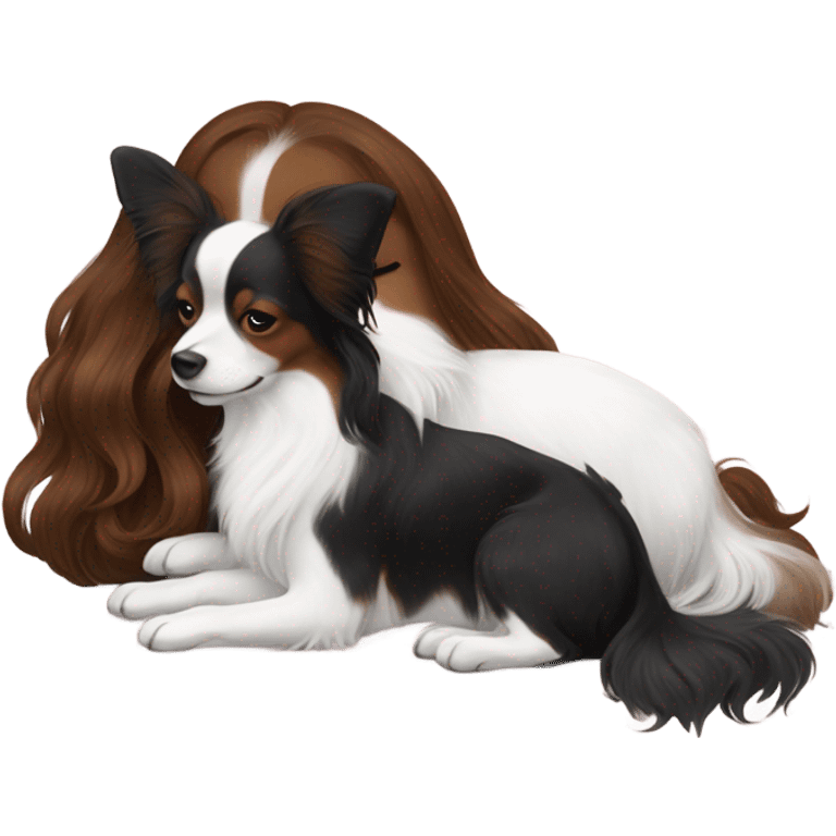 black and white papillon with a white brown hair girl sleeping  emoji