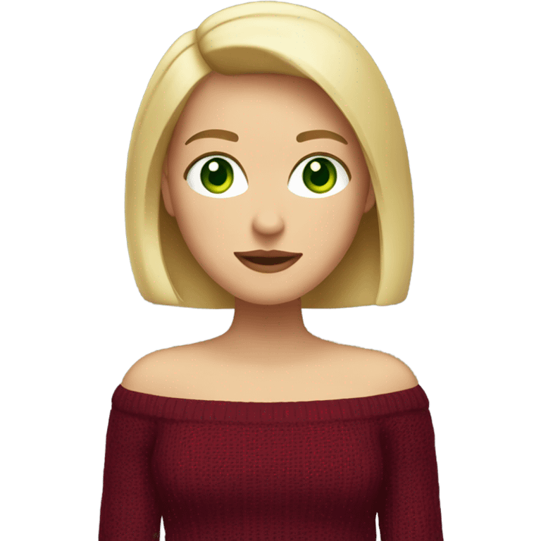 blonde girl with a bob, with green eyes, dressed in a burgundy sweater with open shoulders emoji