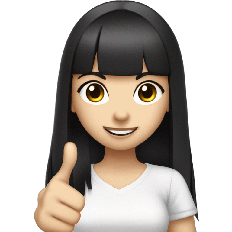 light-skinned girl, 1girl, dark hair, long black hair, bangs, black eyes, blunt  black bangs, white shirt, hime cut, thumbs up emoji