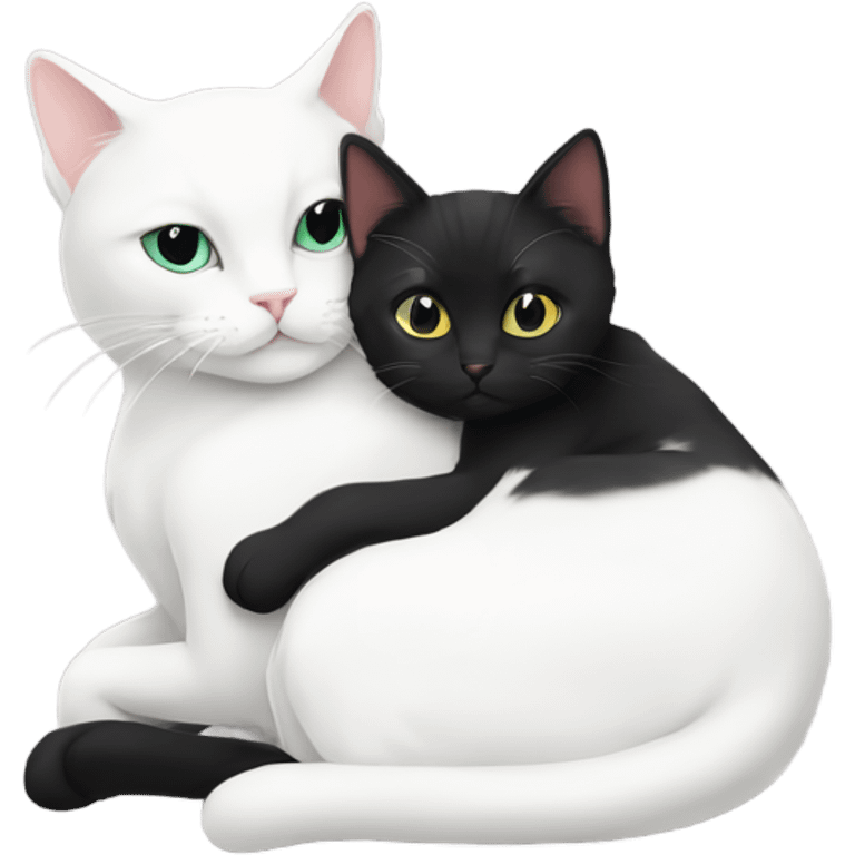 white cat cuddling with a blackish cat emoji