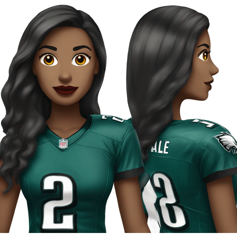 White female long dark hair red lips wearing Philadelphia Eagles jersey emoji