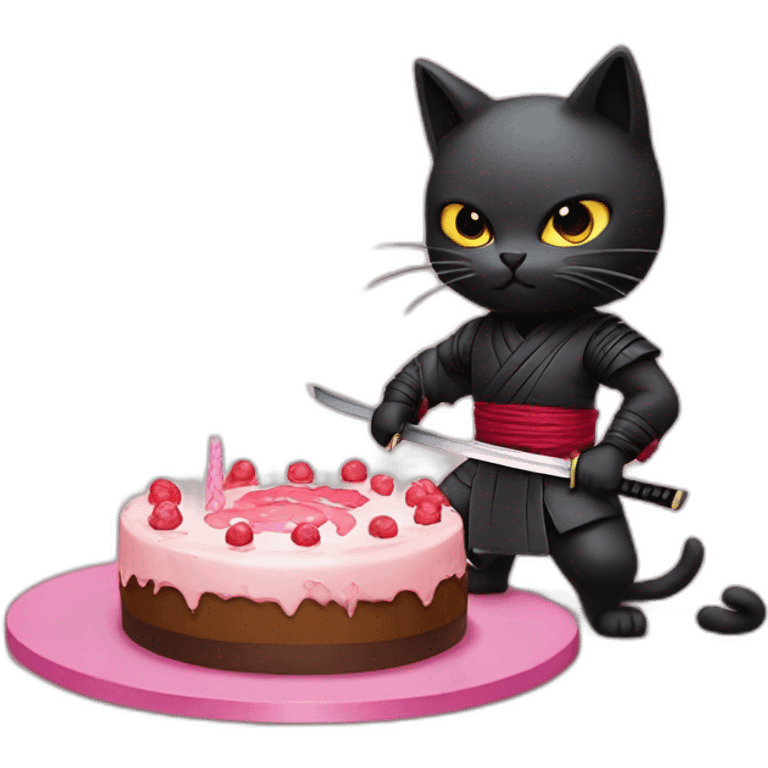 Ninja cat cuts a cake with a katana emoji