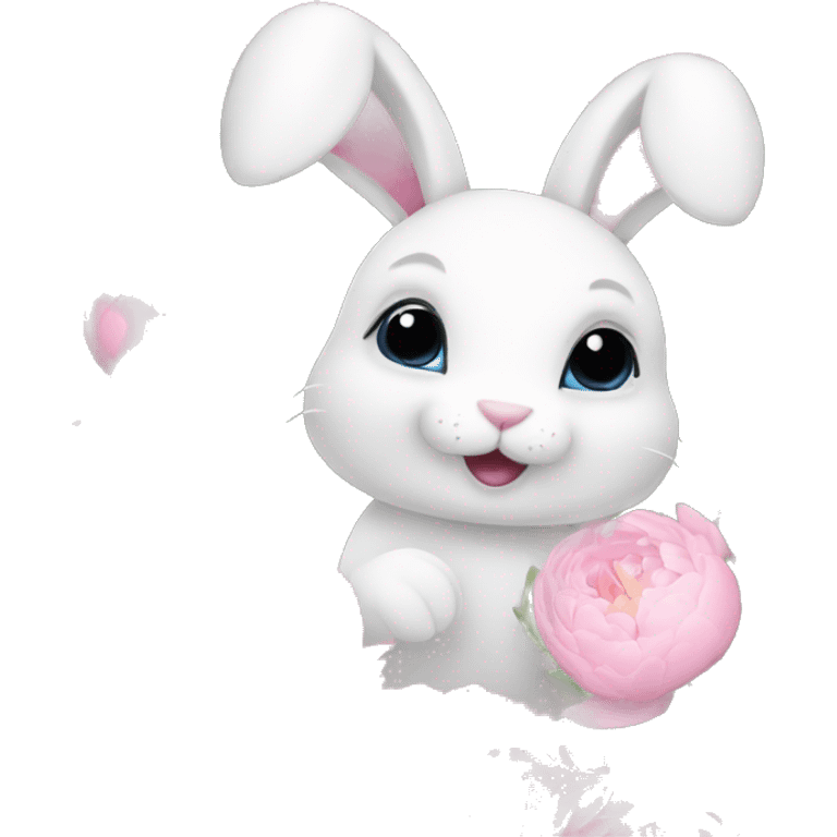 cute white bunny holding light pink peonies emoji