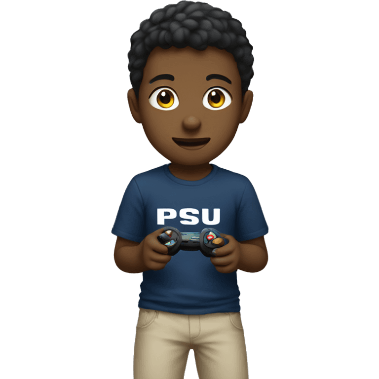 Kid wearing PSU shirt playing video games emoji