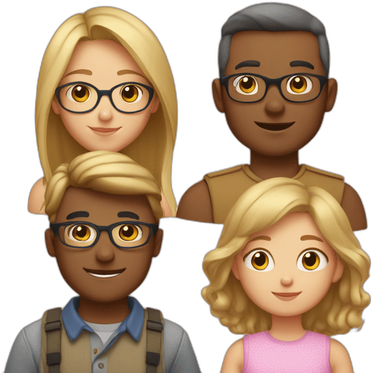 Family of 5 blonde mom, light brown hair dad with glasses, 8 year old blonde girl with glasses, 4year old light brown hair boy and 1 year old light brown hair girl emoji