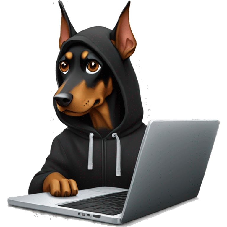 Doberman pincher in a black hoodie behind a laptop emoji