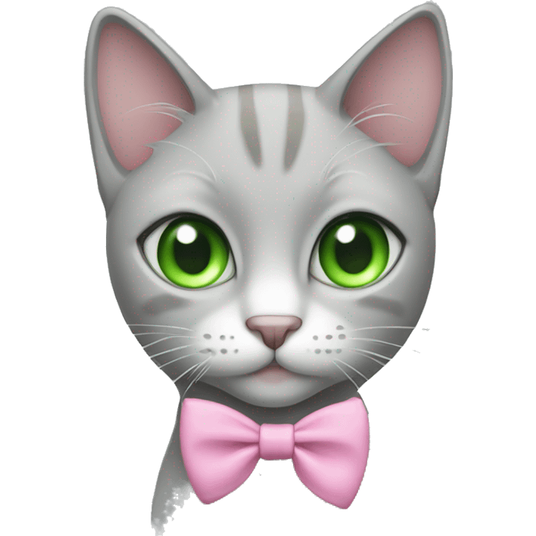 Light grey cat with green eyes wearing a pink bow emoji