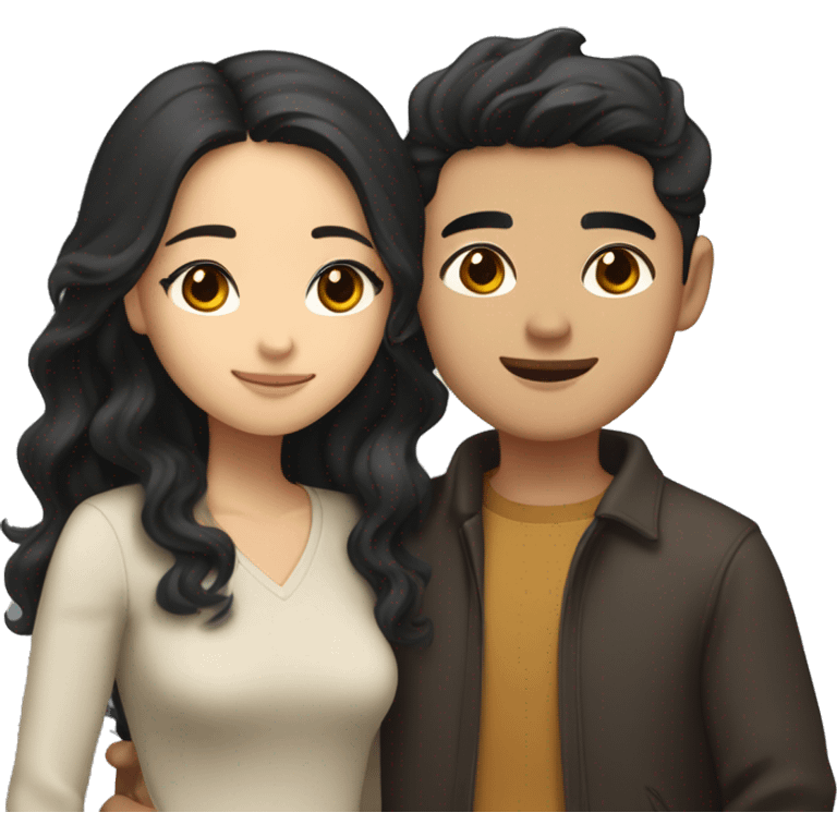 A half pale Asian man with short dark hair and amber eyes embracing and loving a half Asian woman with long wavy dark hair and dark hazel eyes. They love each other a lot And have good fashion taste. And are having a lot of fun emoji