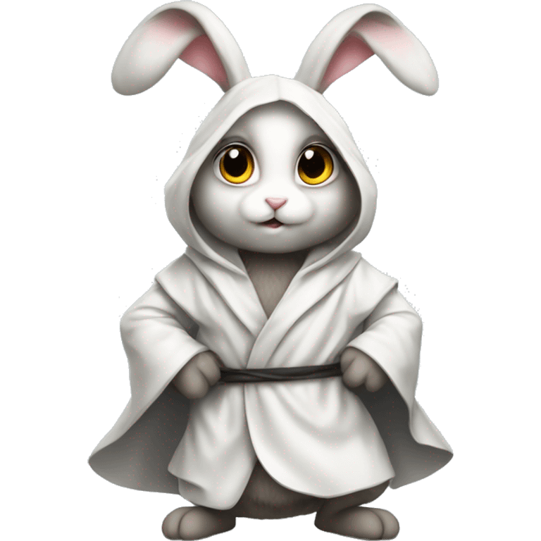 A white rabbit, fluffy, sitting on the ground,big eyes. in a metal robe emoji