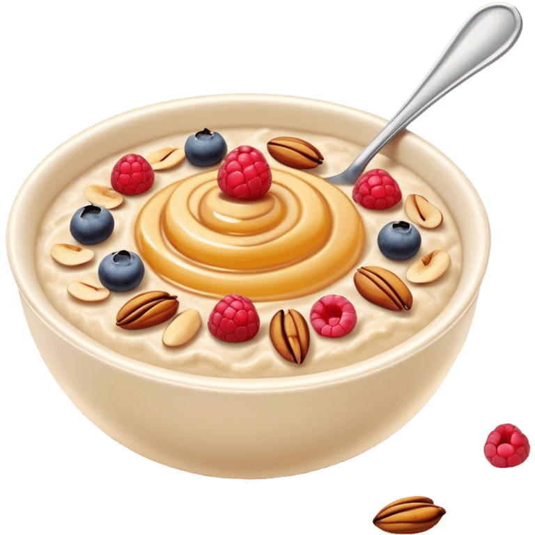 Cinematic creamy oatmeal, smooth texture with a swirl of honey on top, garnished with fresh berries and nuts, warm and comforting, cozy golden tones, rich and delicious. emoji