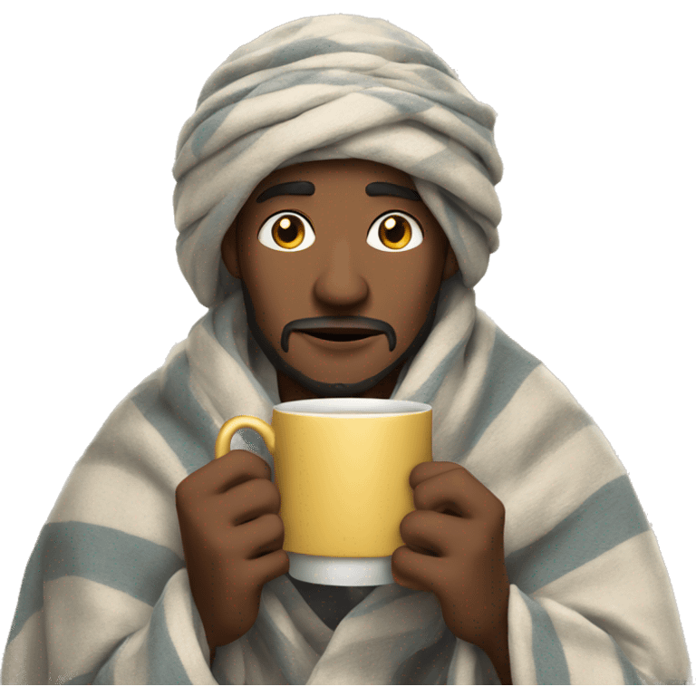 a man with a blanket on his head and a cup of tea in his hands emoji