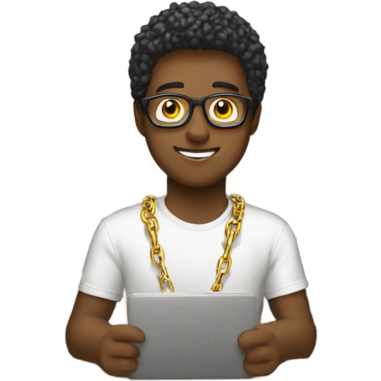 male student working indoors with gold chains emoji