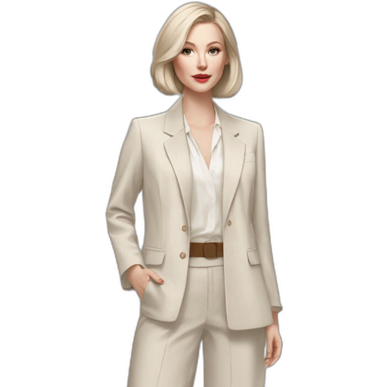 pale skin woman with ash blonde Straightened bob Hair, White Spacious classical jacket, beige palazzo Arrow pants and gray blouse holding a color palette in the hands emoji