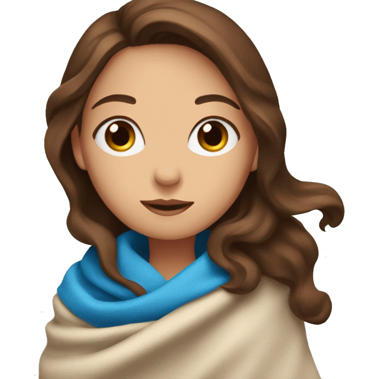 A woman with blue eyes and brown hair has a blanket emoji