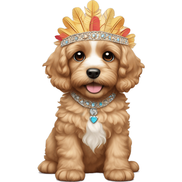 blond cavapoo puppy wearing a featheredheaddress emoji