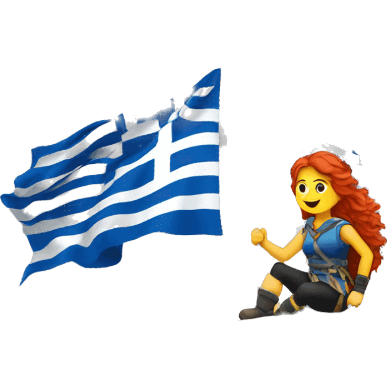 a red hair female mountaineer summitting with greek flag emoji