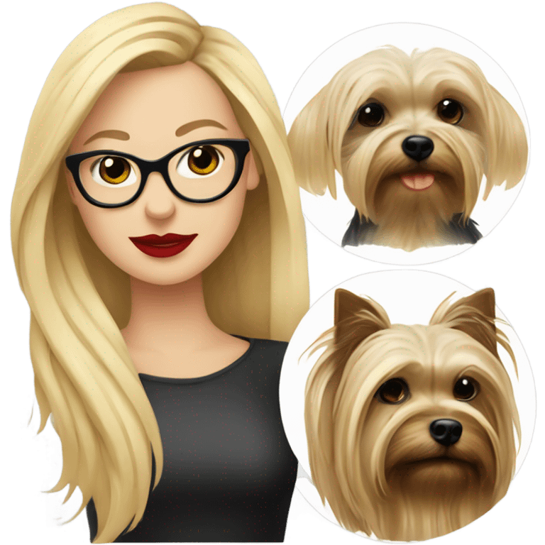 White girl, blonde hair, eyes closed, red lipstick wearing glasses hugs Yorkshire terrier  emoji