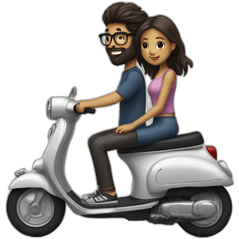 Boy with long hair, beard, and glasses, riding a black scooter with a girl on the back emoji