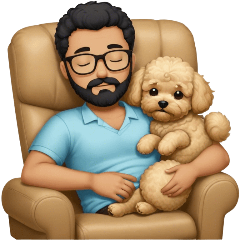 Guy with glasses and black beard sleeping on recliner and drooling with blonde maltipoo emoji