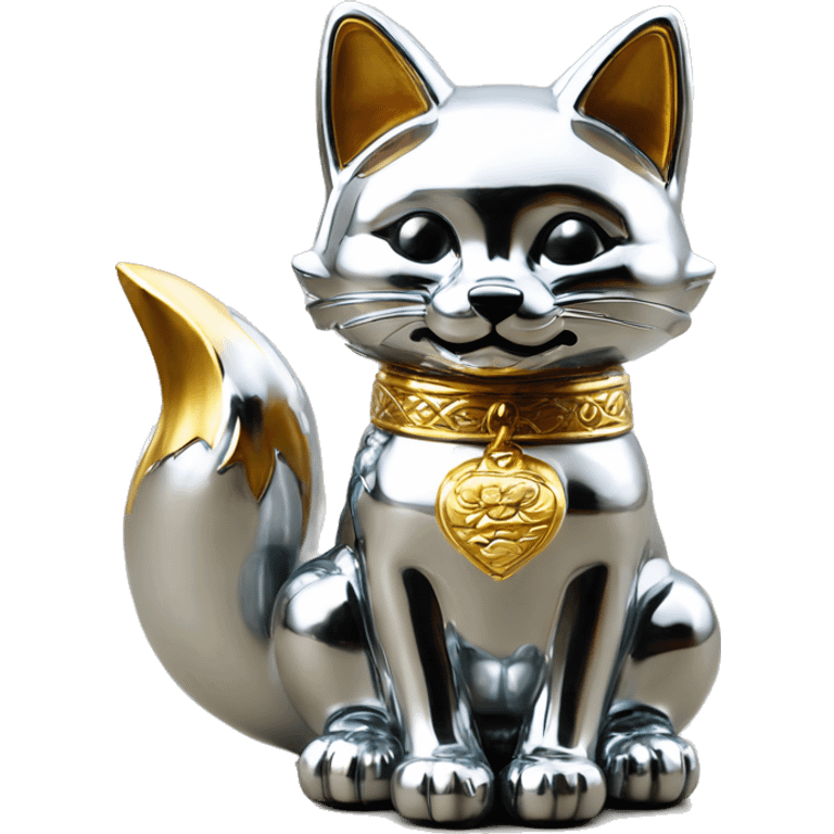 fully chrome fox statue in the form of maneki neko emoji