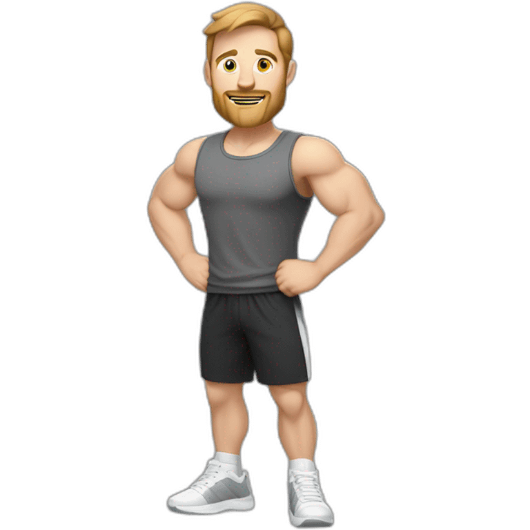 Full height Actively gesturing with hands Pale skinned Fit Man With the biceps and brown hair in dark gray Sleeveless Mike, black oversize sports shorts, watch and white Sneakers emoji