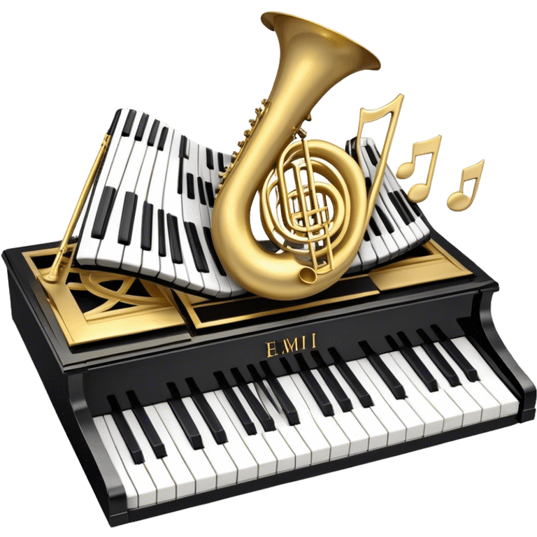 Create a detailed and elegant emoji collage representing keyboard instruments in a celebratory and professional style, reminiscent of a coat of arms. The design should feature a central arrangement of black and white piano keys, forming a symmetrical, powerful image. Around the keys, include a flowing ribbon of musical notes that intertwines with the keys, creating a sense of movement and harmony. Use gold and silver accents to highlight the keys and musical notes, giving the design a festive, high-quality appearance. The design should convey professionalism, elegance, and a sense of occasion. Add subtle reflections on the piano keys to enhance the polished look. The background should be transparent. emoji