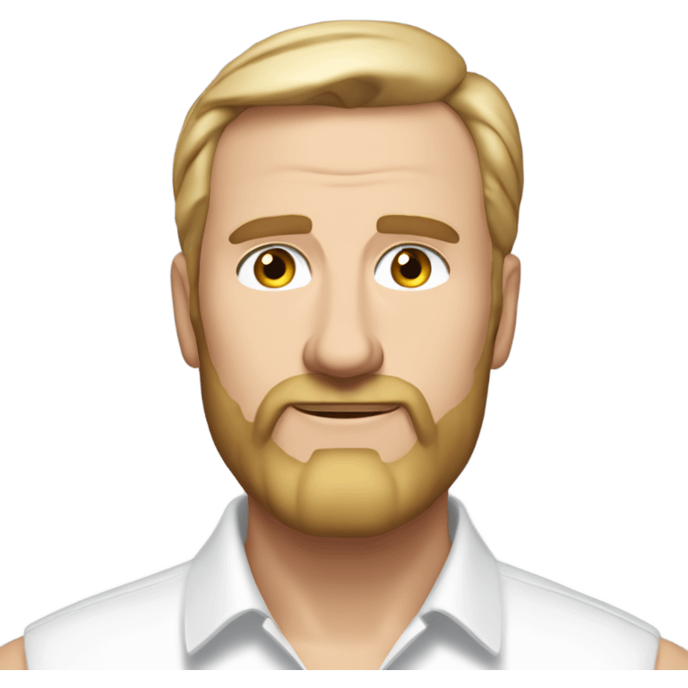 middle aged english man, short slicked back hair blonde, blonde medium length size full beard, eyesbrows not raised, in a smart white unbuttoned shirt. emoji