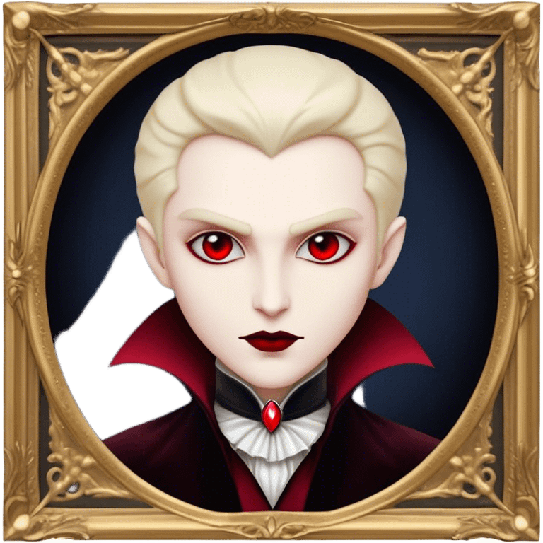 Cinematic Noble Vampire Portrait Emoji, Elegant and commanding, with a refined, pale visage framed by dark, velvet accents and a hint of crimson, exuding timeless seduction and dangerous allure, simplified yet exquisitely detailed, glowing with a soft nocturnal radiance and a subtle, mysterious outline that captures the regal spirit of an immortal lord of the night! emoji