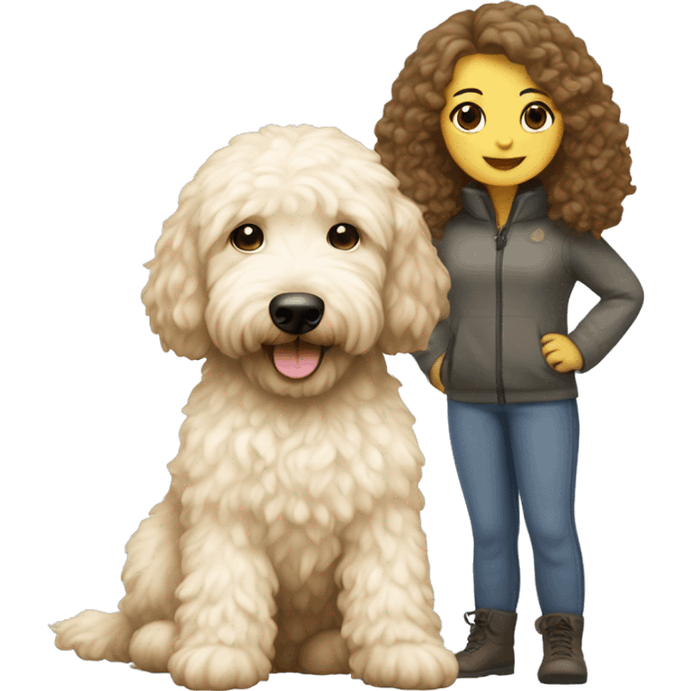 cream mini golden doodle with brunette girl  emoji