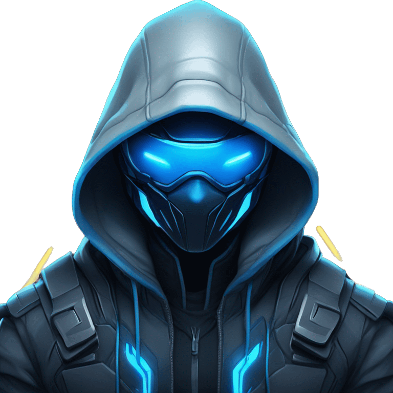 developer behind his laptop with this style : crysis Cyberpunk Valorant neon glowing bright blue character blue black hooded assassin themed character emoji