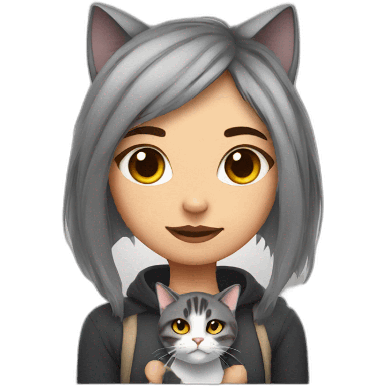 Girl with piercing with fat gray cat and mean tortie cat emoji