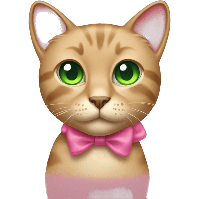 Tan cat with a pink bow and green eyes emoji