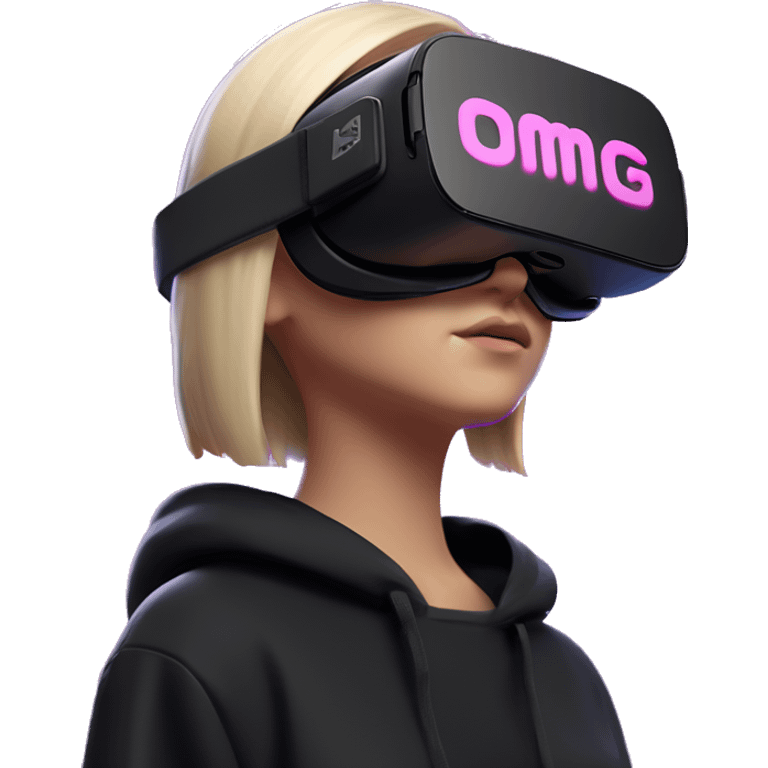 Russian girl wearing black hoody with violet letters "OMG", in vr headset oculus quest2. Standing like jedi. Cyberpunk style. Violet neon. emoji