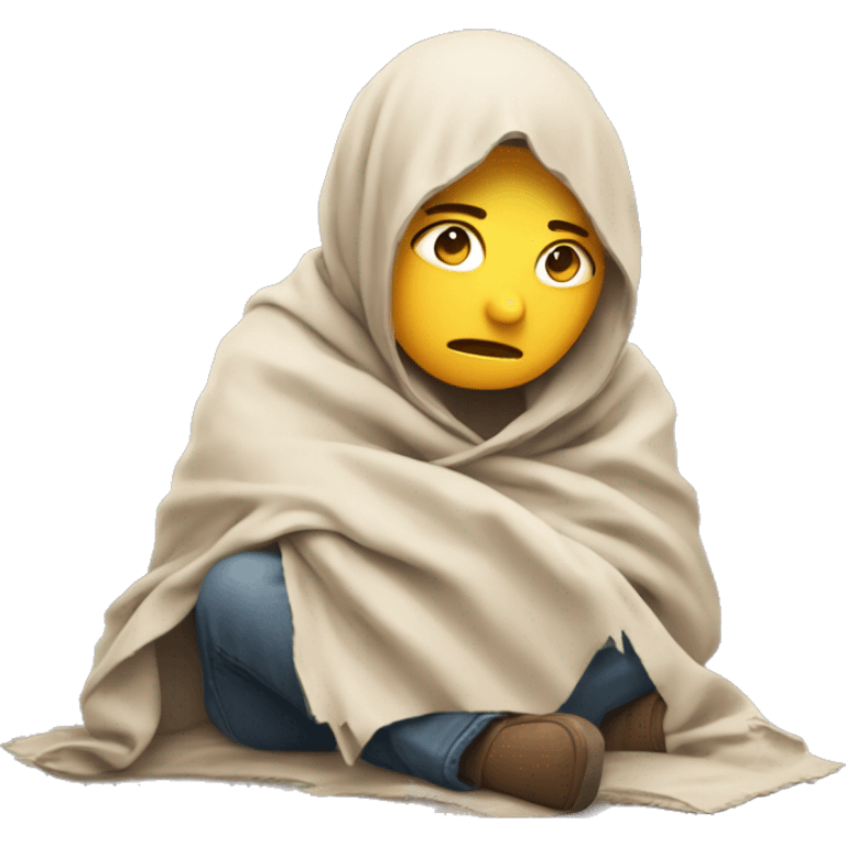 An emoji of a tired person sitting on the ground, with worn-out clothes and a sad expression, holding a simple blanket or piece of cardboard emoji