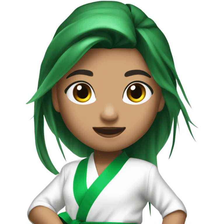 morena skin girl with a karate green belt and one leg kicking very high long hair emoji