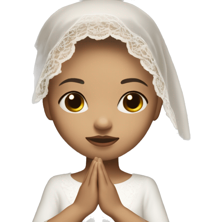 Light skin girl praying with eyes closed and lace white veil with brown boy emoji