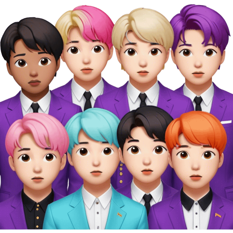 Cinematic Realistic group portrait of BTS featuring all 7 members in stylish modern attire, with detailed facial expressions and vibrant colors, captured in dynamic, contemporary lighting that emphasizes their global pop icon status emoji